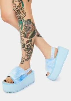 Y.R.U. Qozii Blue Tie Dye Faux Fur Platform Slides