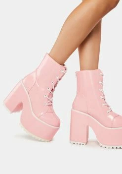Y.R.U. Heeled Boots Pink Hologram Smash Platform Boots