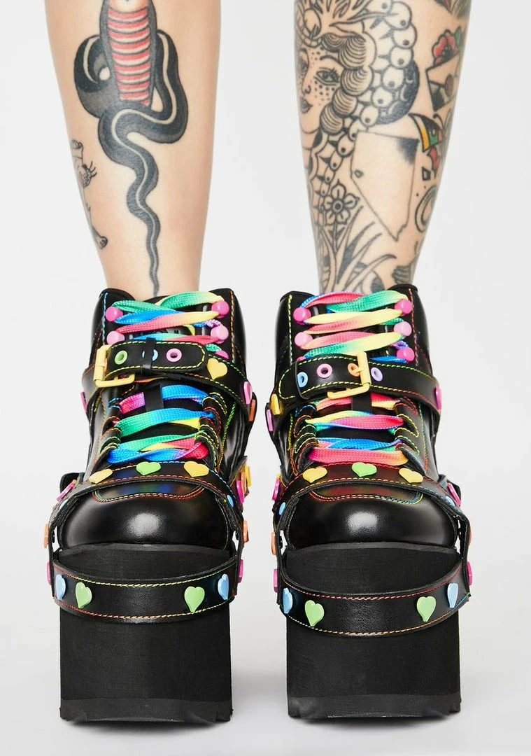 Budget 🎁 Y.R.U. Qozmo Bondage Rainbow Heart Platform 👟 Sneakers 🛒 5 Y.R.U. Qozmo Bondage Rainbow Heart Platform Sneakers
