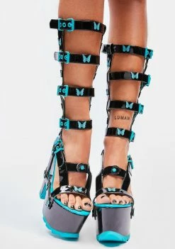 Y.R.U. Nightcall Hi Teal Butterfly Platform Heels Platforms