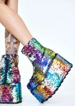 Y.R.U. Platforms Qomet Rainbow Flip Sequin Platform Boots