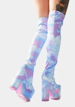 Y.R.U. Platforms Labyrinth Pastel Cloud Thigh High Platform Boots
