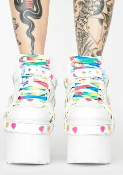 Y.R.U. White Qozmo Bondage Rainbow Heart Platform Sneakers