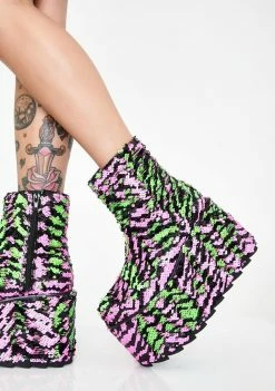 Y.R.U. Platforms Qomet Zebra Flip Sequin Platform Boots