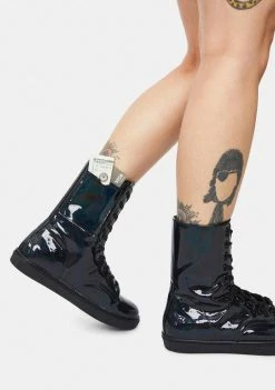 Y.R.U. Boots & Booties CC Black Hologram Lace-Up Boots