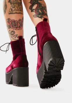 Y.R.U. Creep Burgundy Velvet Platform Boots Boots & Booties