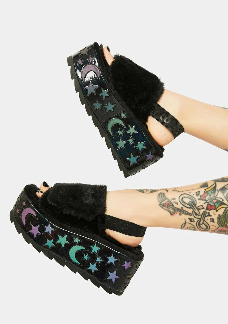 Outlet 👍 Y.R.U. Qozii Luna Reflective Faux Fur Platform Slides 🤩 4 Y.R.U. Qozii Luna Reflective Faux Fur Platform Slides