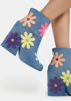 Y.R.U. Jem Daisies Denim Boots Heeled Boots