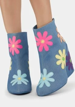Y.R.U. Jem Daisies Denim Boots Heeled Boots