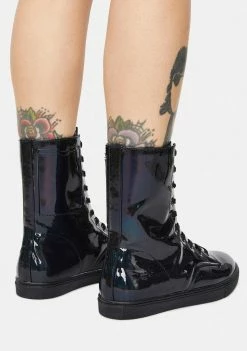 Y.R.U. Boots & Booties CC Black Hologram Lace-Up Boots