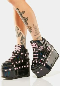 Y.R.U. Platform Boots Black Holographic Qozmo Bondage Heart Platform Sneakers