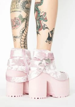 Y.R.U. Pink Velvet Cherish Heart Platform Boots