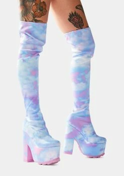 Y.R.U. Platforms Labyrinth Pastel Cloud Thigh High Platform Boots