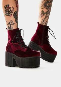 Y.R.U. Creep Burgundy Velvet Platform Boots Boots & Booties
