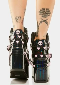 Y.R.U. Platform Boots Black Holographic Qozmo Bondage Heart Platform Sneakers
