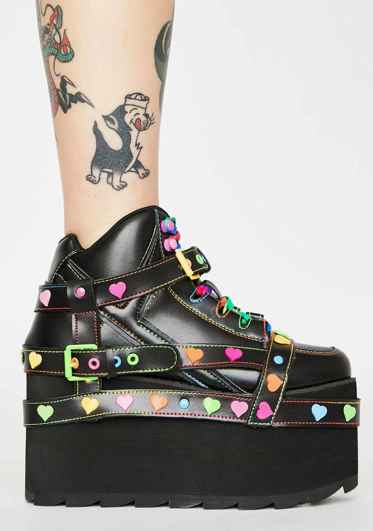 Budget 🎁 Y.R.U. Qozmo Bondage Rainbow Heart Platform 👟 Sneakers 🛒 4 Y.R.U. Qozmo Bondage Rainbow Heart Platform Sneakers