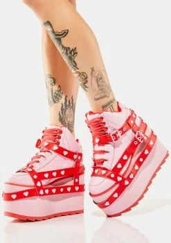 Y.R.U. Pink/Red Qozmo Bondage Heart Platform Sneakers