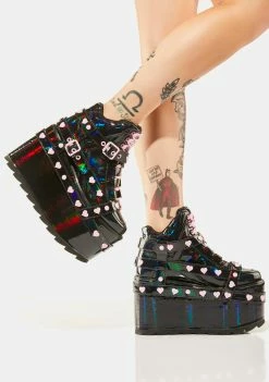 Y.R.U. Platform Boots Black Holographic Qozmo Bondage Heart Platform Sneakers