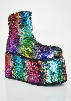 Y.R.U. Platforms Qomet Rainbow Flip Sequin Platform Boots