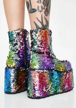 Y.R.U. Platforms Qomet Rainbow Flip Sequin Platform Boots