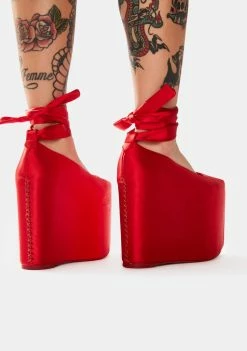 Y.R.U. Bae Red Satin Platforms