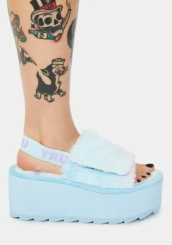 Y.R.U. Qozii Blue Tie Dye Faux Fur Platform Slides