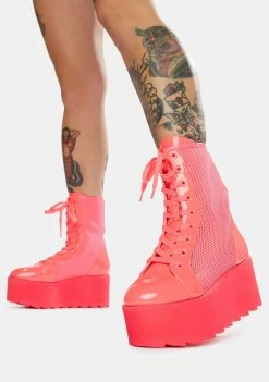 Y.R.U. Hot Pink Bloq Mesh Platform Boots Platforms