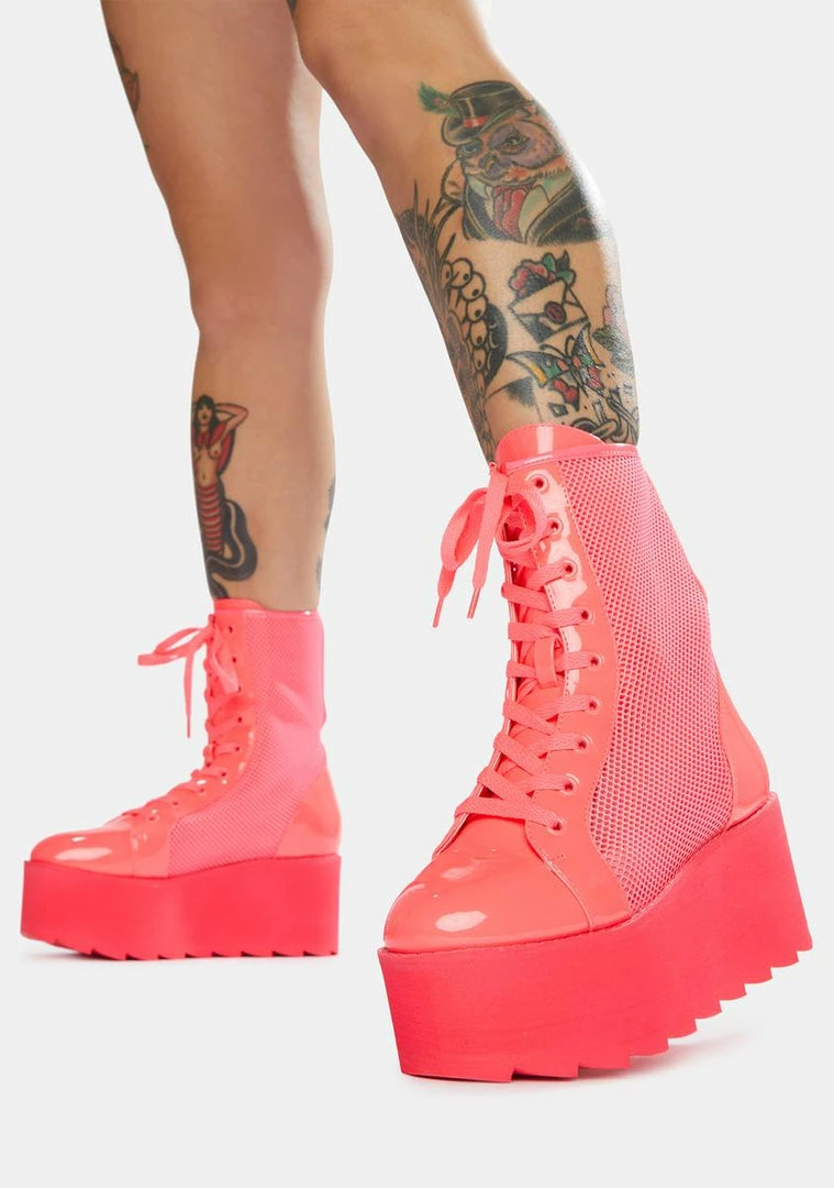 Flash Sale 🌟 Y.R.U. Hot Pink Bloq Mesh Platform 🥾 Boots Platforms 🛒 3 Y.R.U. Hot Pink Bloq Mesh Platform Boots Platforms
