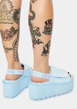 Y.R.U. Qozii Blue Tie Dye Faux Fur Platform Slides