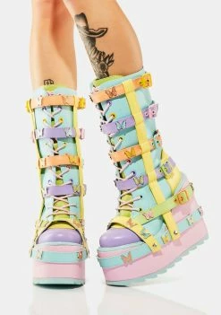 Y.R.U. Platform Boots Pastel Butterfly Dune Bondage Boots