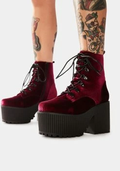Y.R.U. Creep Burgundy Velvet Platform Boots Boots & Booties
