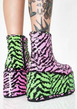 Y.R.U. Platforms Qomet Zebra Flip Sequin Platform Boots
