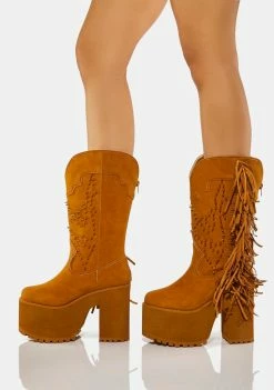 Y.R.U. Tan Bad Bitch Fringe Cowboy Boots Boots & Booties