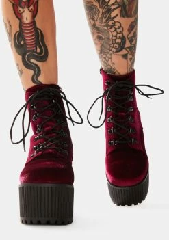 Y.R.U. Creep Burgundy Velvet Platform Boots Boots & Booties