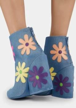 Y.R.U. Jem Daisies Denim Boots Heeled Boots