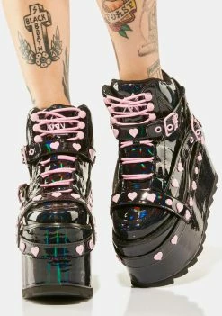 Y.R.U. Platform Boots Black Holographic Qozmo Bondage Heart Platform Sneakers