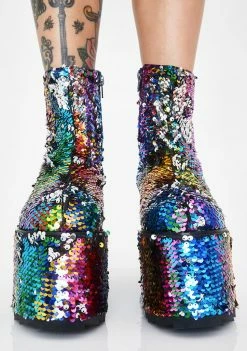 Y.R.U. Platforms Qomet Rainbow Flip Sequin Platform Boots