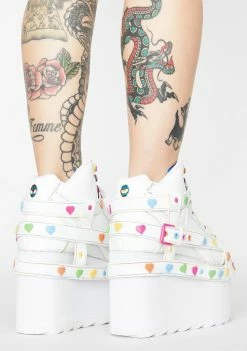 Y.R.U. White Qozmo Bondage Rainbow Heart Platform Sneakers